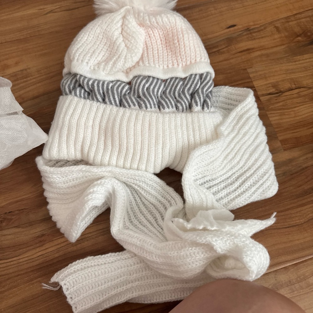 Cozy White and Gray Kids Knit Hat and Scarf Set